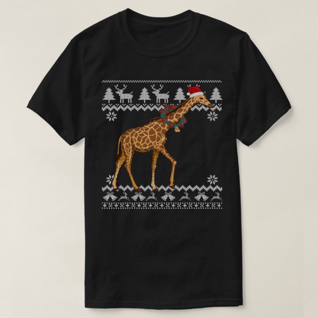 Giraffe Christmas Tree Lights Santa Hat Animal Xma T-Shirt (Design Front)