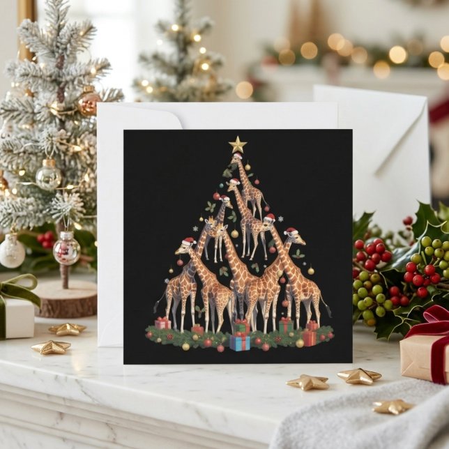 Giraffe Christmas Tree Santa African Wildlife Farm Holiday Card (Creator Uploaded)