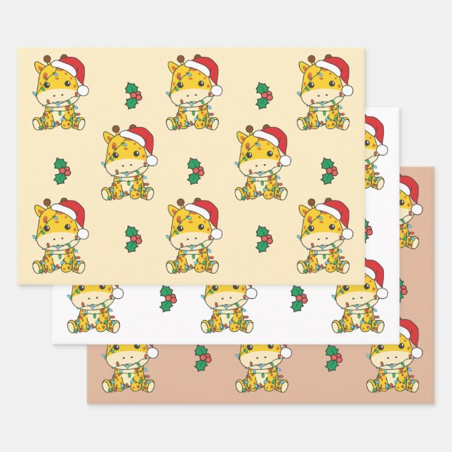Giraffe Christmas Winter Animals Holiday Giraffes Wrapping Paper Sheet (Set)