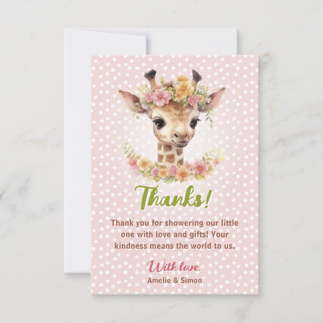 Giraffe Co-ed Pink Girl Safari Cute Baby Shower Thank You Card (Front)