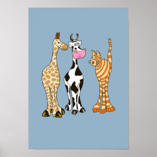 Giraffe cow and cat, comical animals. poster