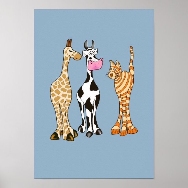 Giraffe cow and cat, comical animals. poster (Front)