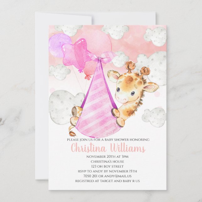 Giraffe Cub Baby Girl Baby Shower Cute Pink Invitation (Front)