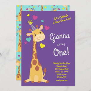 Giraffe Cute Kids 1st Birthday Party Girls Invitation