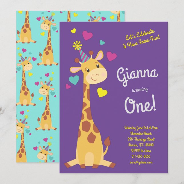 Giraffe Cute Kids 1st Birthday Party Girls Invitation (Front/Back)