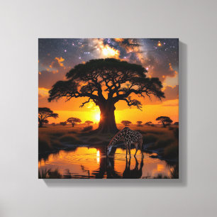 Giraffe drinking water in Cosmic African Sunset Canvas Print