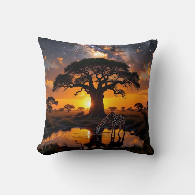 Giraffe drinking water in Cosmic African Sunset   Cushion (Front)