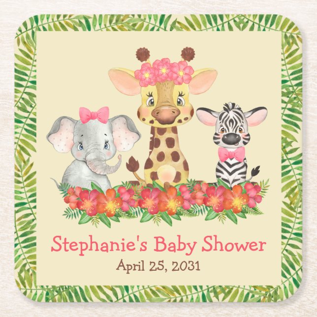 Giraffe Elephant and Zebra Girl Safari Baby Shower Square Paper Coaster (Front)