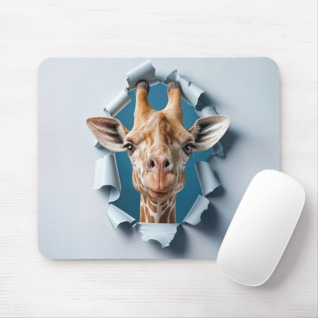 Giraffe Emerging From a Paper Hole Mouse Mat (With Mouse)