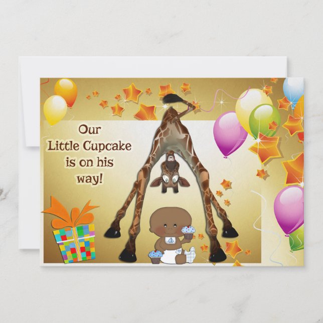 Giraffe, Ethnic Baby Boy and Cupcakes Baby Shower Invitation (Front)