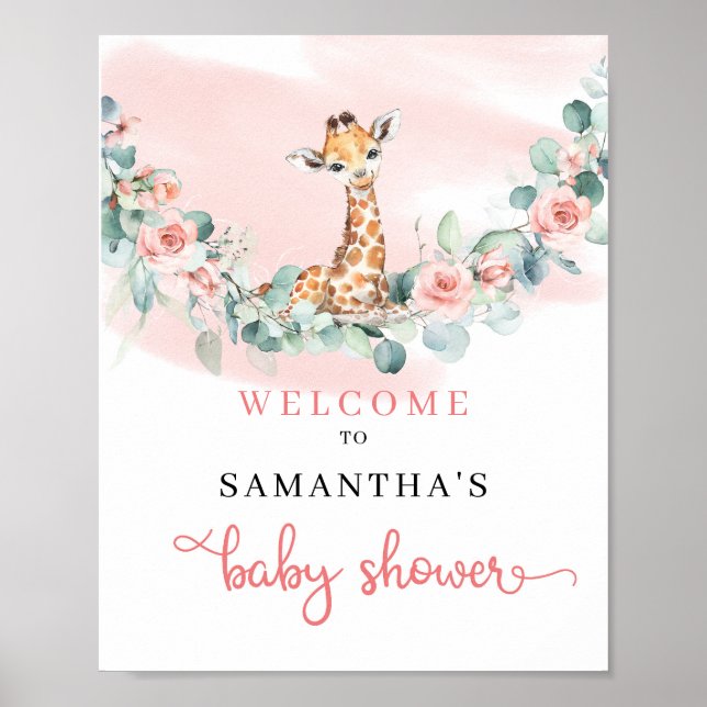 Giraffe Eucalyptus girl Baby Shower welcome sign (Front)