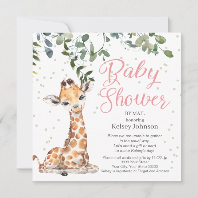 Giraffe Eucalyptus Greenery Pink Baby Shower Invitation (Front)