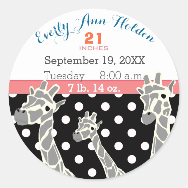 Giraffe Family Baby Girl Birth Record Birth Stats Classic Round Sticker (Front)