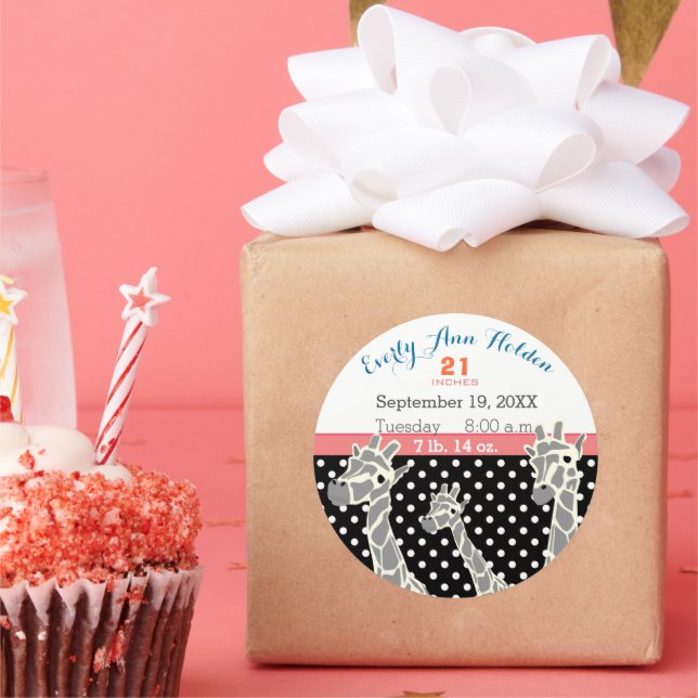 Giraffe Family Baby Girl Birth Record Birth Stats Classic Round Sticker (Party)