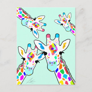 Giraffe Family Hand-Painted Art Mint Green Postcard