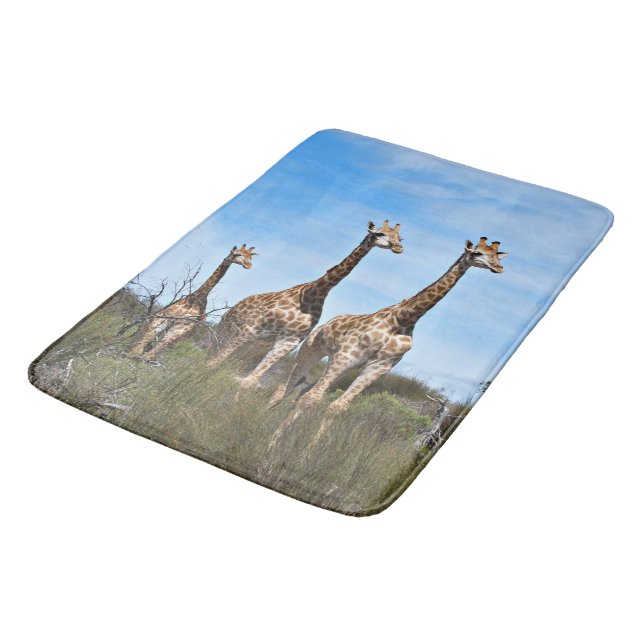 Giraffe Family On Grassy Hilltop Bath Mat (Angled)