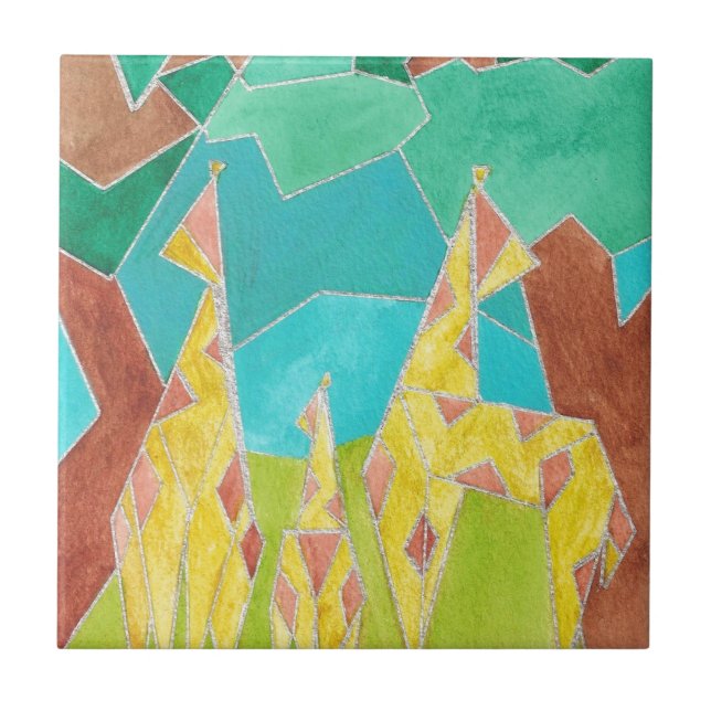 Giraffe Family Original Abstract Art Tile (Front)