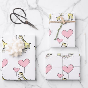 Giraffe Family With Pink Heart Balloons Wrapping Paper Sheet