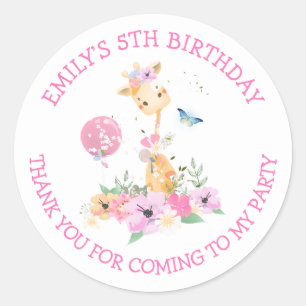 Giraffe Florals Name Thank You Girls 5th Birthday Classic Round Sticker