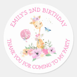 Giraffe Flowers Name Thank You Girls 2nd Birthday Classic Round Sticker