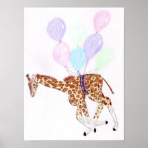 Giraffe flying with some balloons Poster