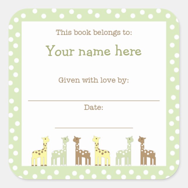Giraffe Friends Baby Shower Book Plate Neutral Gen Square Sticker (Front)