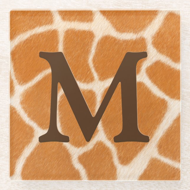 Giraffe Fur Animal Print Dark Brown Monogrammed  Glass Coaster (Front)