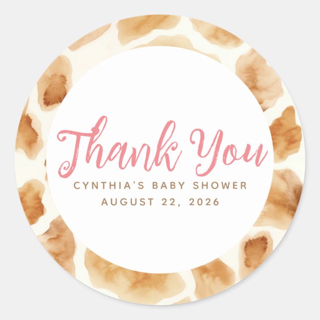 Giraffe Fur Print Cute Pink Brown Thank You Classic Round Sticker (Front)