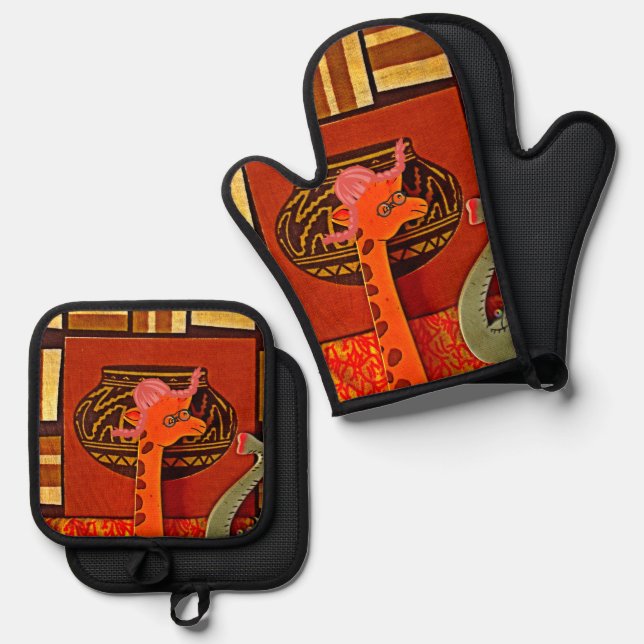 Giraffe Gala: Whimsical Hat-Wearing Giraffe  Art  Oven Mitt & Pot Holder Set (Front/Back)