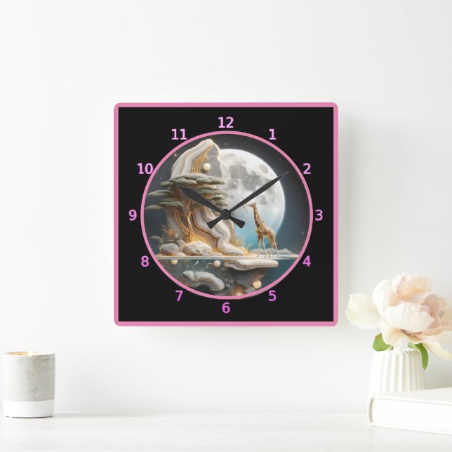 Giraffe gazes at the moonlit savannah square wall clock (Home)