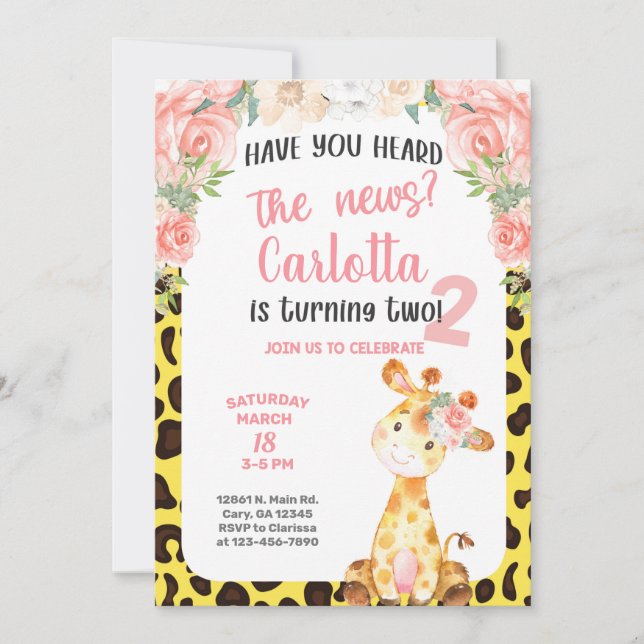 Giraffe girl 2nd, second birthday invitation. invitation (Front)