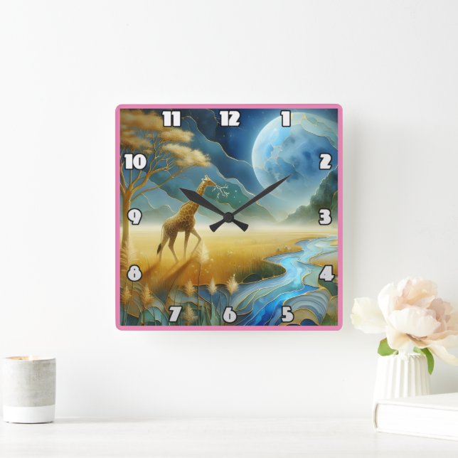 Giraffe grazing under a vivid moon square wall clock (Home)