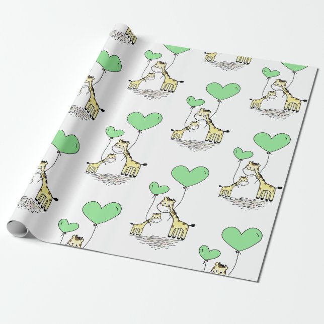 Giraffe Green Balloon Mama Baby Shower Boy Girl Wrapping Paper (Unrolled)