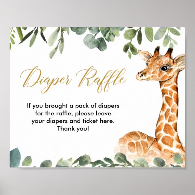 Giraffe greenery baby shower diaper raffle sign (Front)