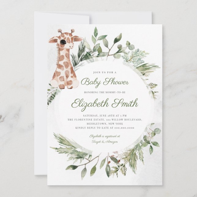 Giraffe Greenery Gender Neutral Animal Baby Shower Invitation (Front)