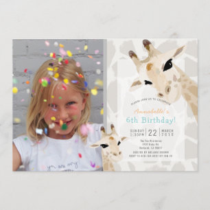 Giraffe Greige Watercolor Kids Photo Birthday Invitation