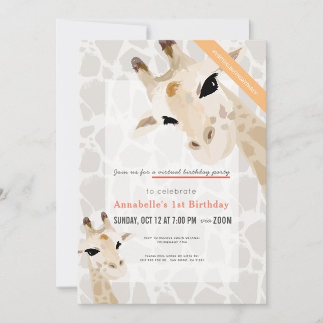 Giraffe Greige Watercolor Kids Virtual Birthday Invitation (Front)