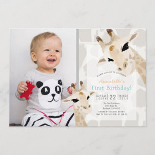 Giraffe Greige Watercolor Photo 1st Birthday Invitation