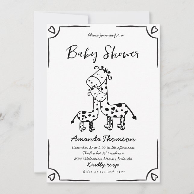 Giraffe Hand Drawn baby shower Invitation (Front)