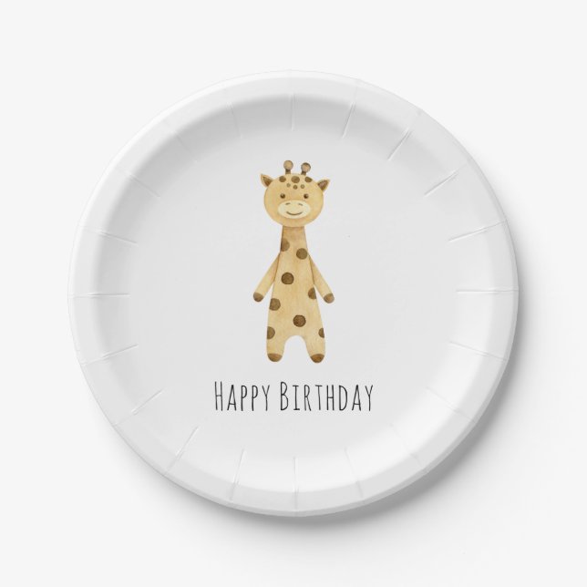 Giraffe "Happy Birthday" cute minimalist   Paper Plate (Front)