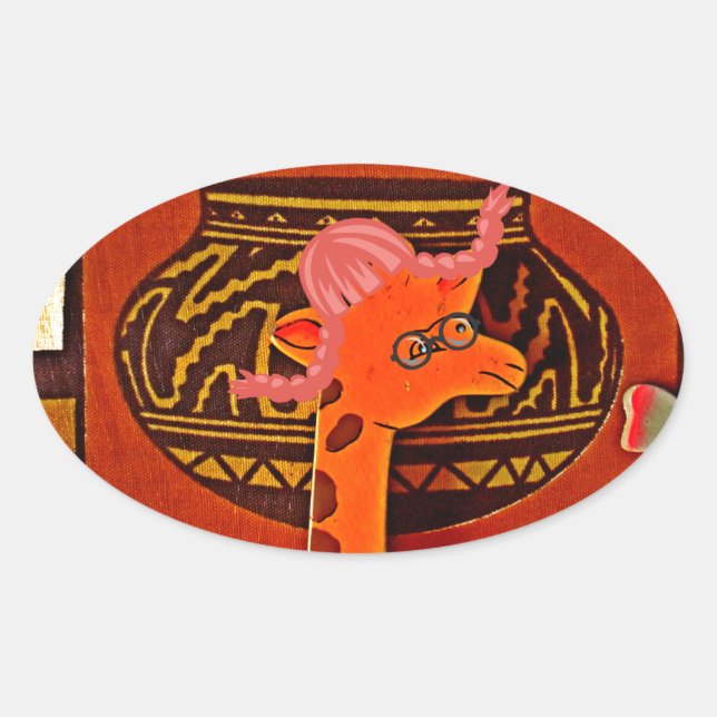 Giraffe Hat Art Print Oval Sticker (Front)