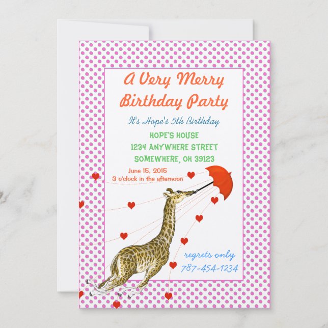 Giraffe Heart Birthday Party Invitation Pink Dots (Front)