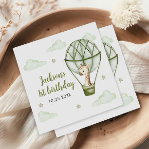 Giraffe Hot Air Balloon Green Boy 1st Birthday Napkin