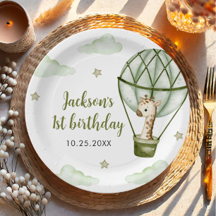 Giraffe Hot Air Balloon Green Boy 1st Birthday Paper Plate