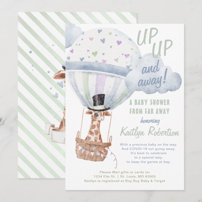 Giraffe Hot Air Balloon Shower By Mail Invitation (Front/Back)