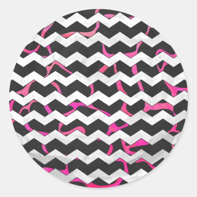 Giraffe Hot Pink and Black Print Classic Round Sticker (Front)
