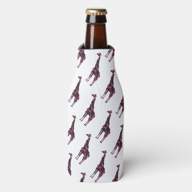 Giraffe Hot Pink and Black Silhouette Bottle Cooler (Bottle Front)