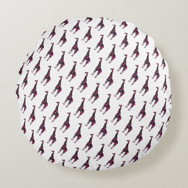 Giraffe Hot Pink and Black Silhouette Round Cushion (Front)