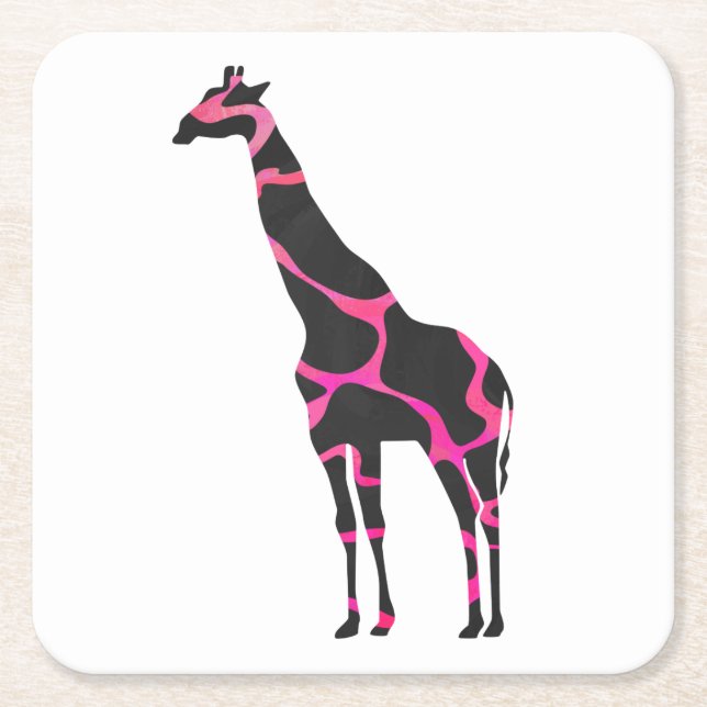 Giraffe Hot Pink and Black Silhouette Square Paper Coaster (Front)