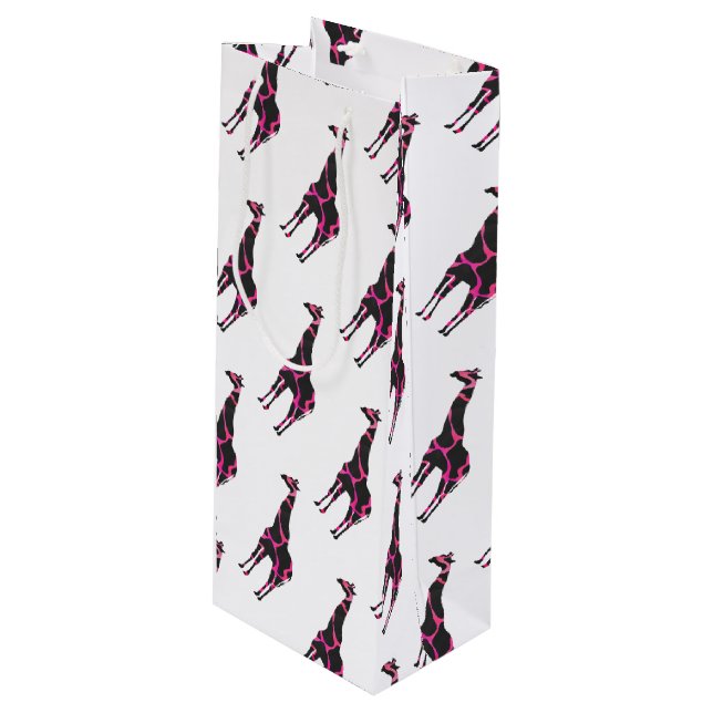 Giraffe Hot Pink and Black Silhouette Wine Gift Bag (Front Angled)